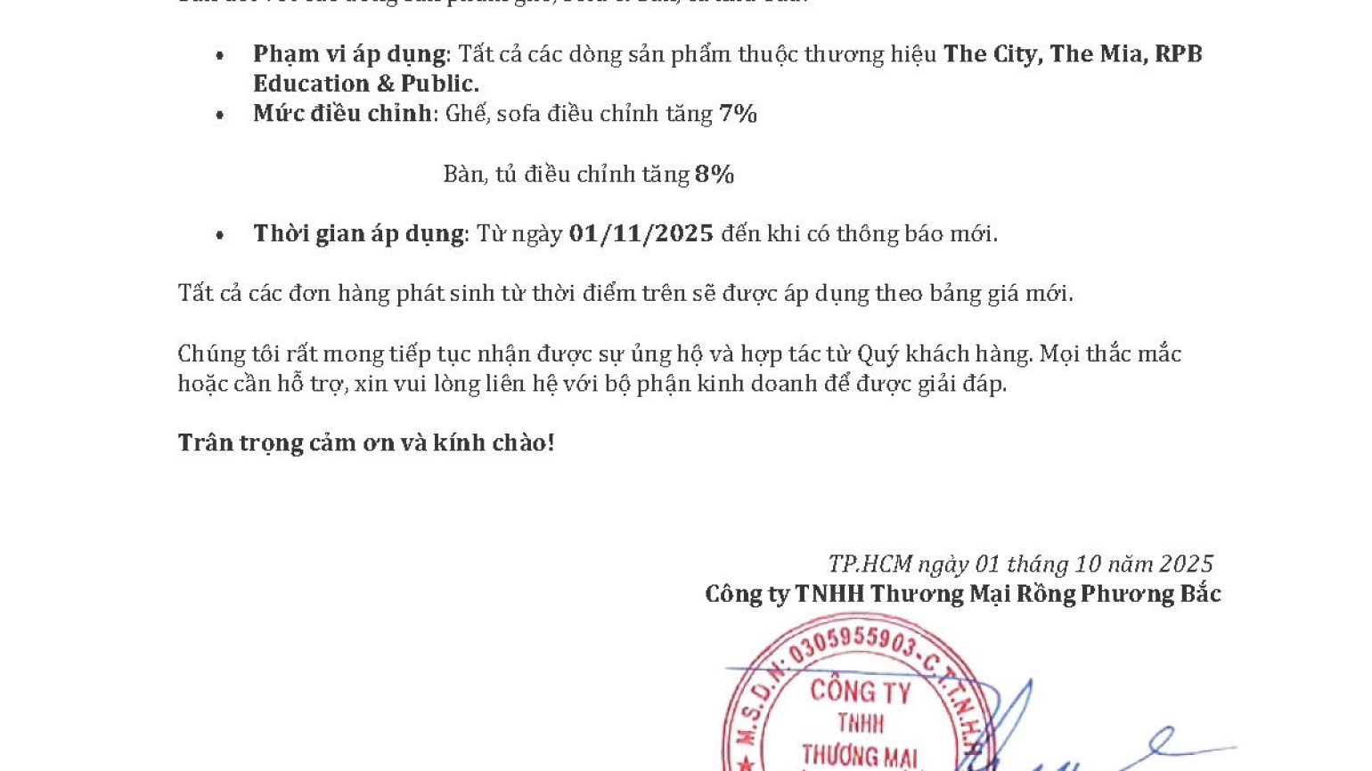 THÔNG BÁO ĐIỀU CHỈNH GIÁ SẢN PHẨM NỘI THẤT VĂN PHÒNG